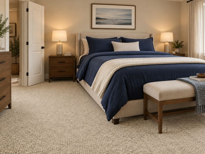 Bedroom with wall-to-wall Earth Weave natural wool carpet