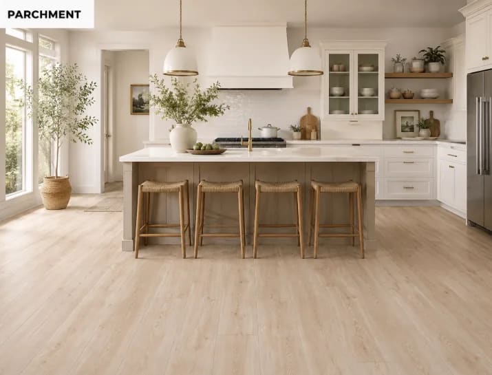 White kitchen with a large island and four stools on pale Anthology Parchment laminate