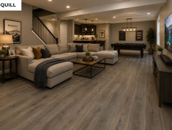 Finished basement with a sectional sofa, a pool table and a bar on grey-brown Anthology Quill laminate
