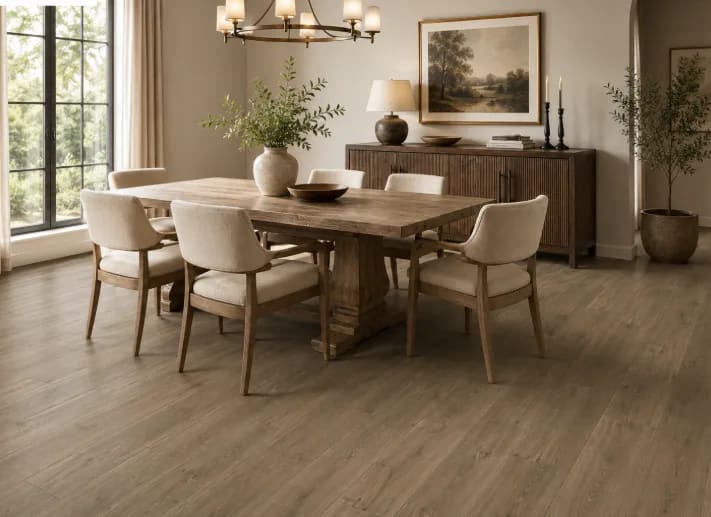Dining room with a wood table, upholstered chairs and a chandelier on taupe Anthology Suede laminate
