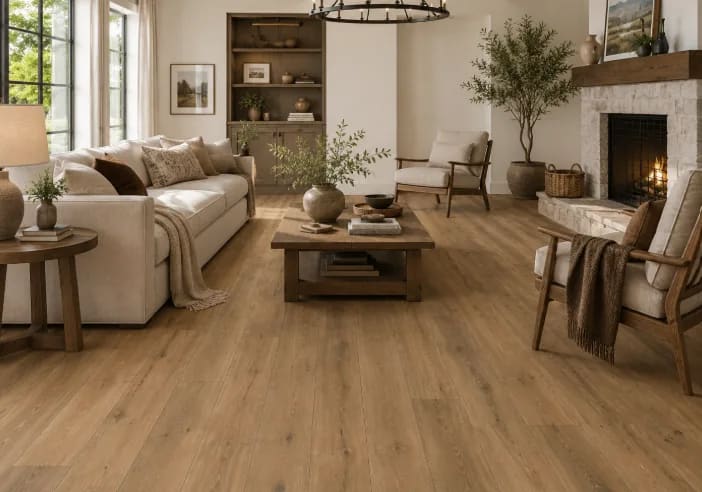 Living room with a cream sofa and a stone fireplace on warm brown Anthology Tannin laminate