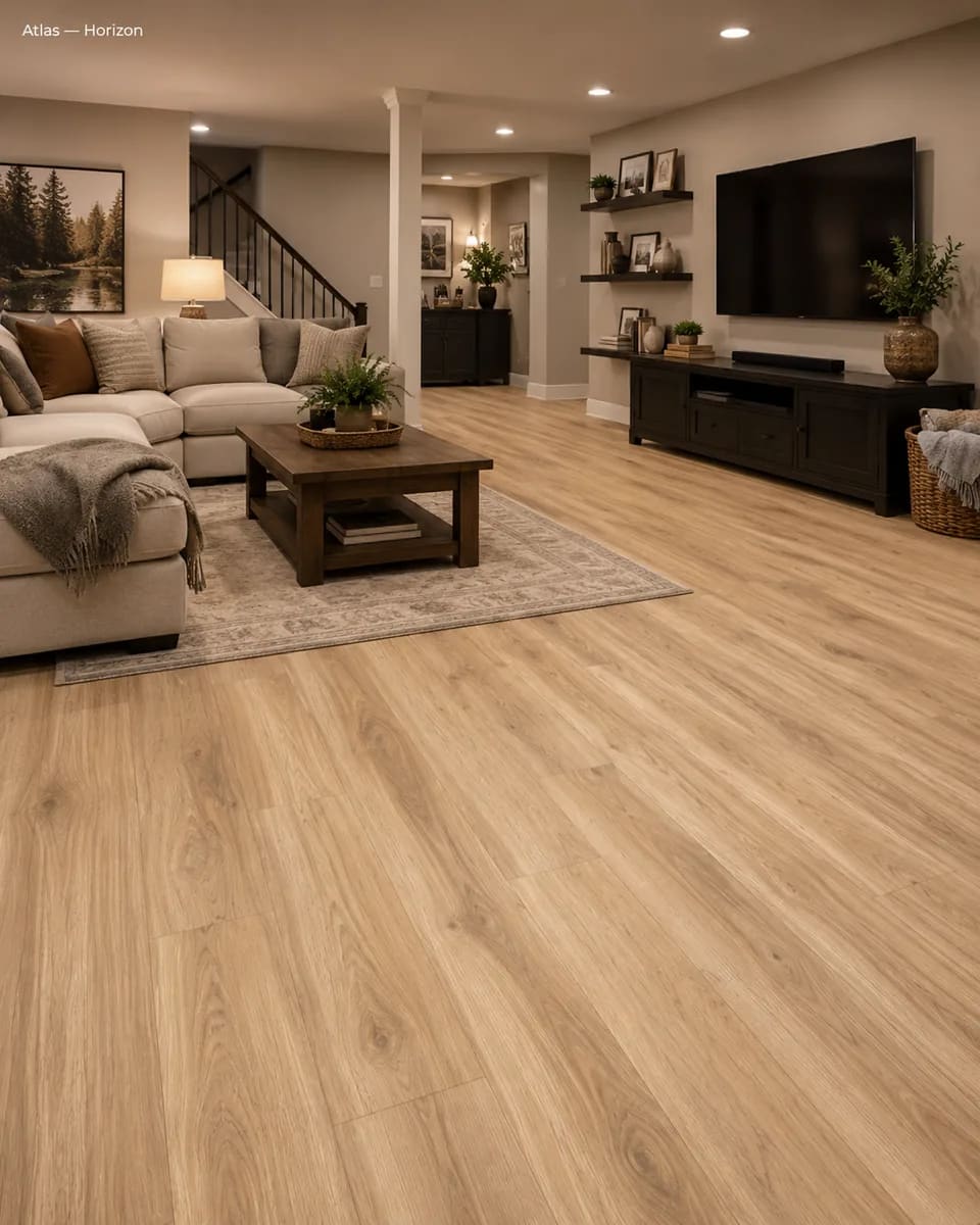 Finished basement with a sectional sofa, a TV console and a staircase on Atlas Horizon laminate