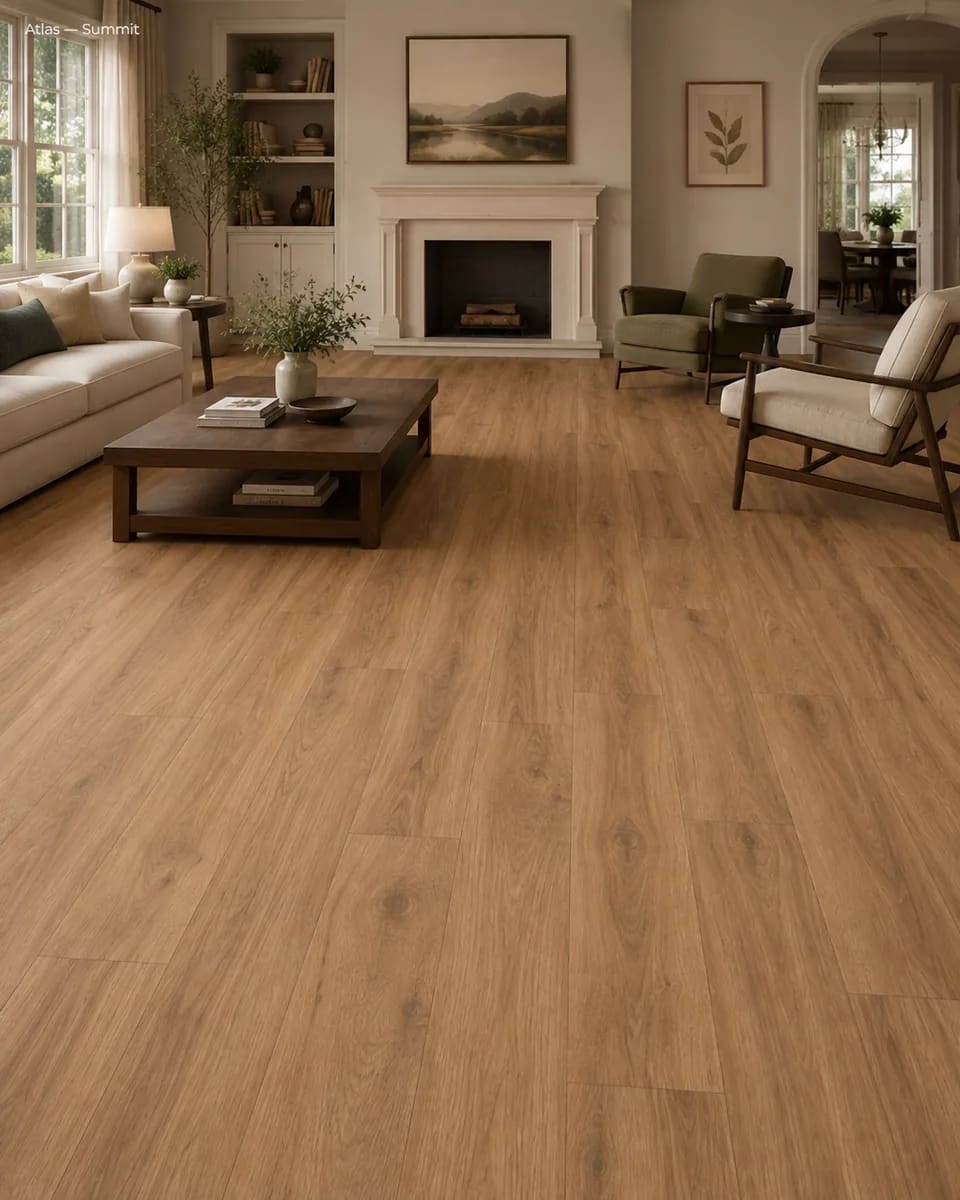 Living room with a white fireplace, a sofa and a dark wood coffee table on Atlas Summit laminate