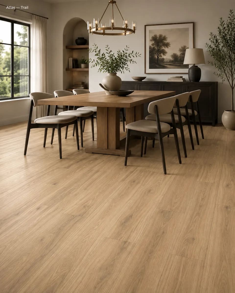 Dining room with a long wood table, curved chairs and a chandelier on Atlas Trail laminate