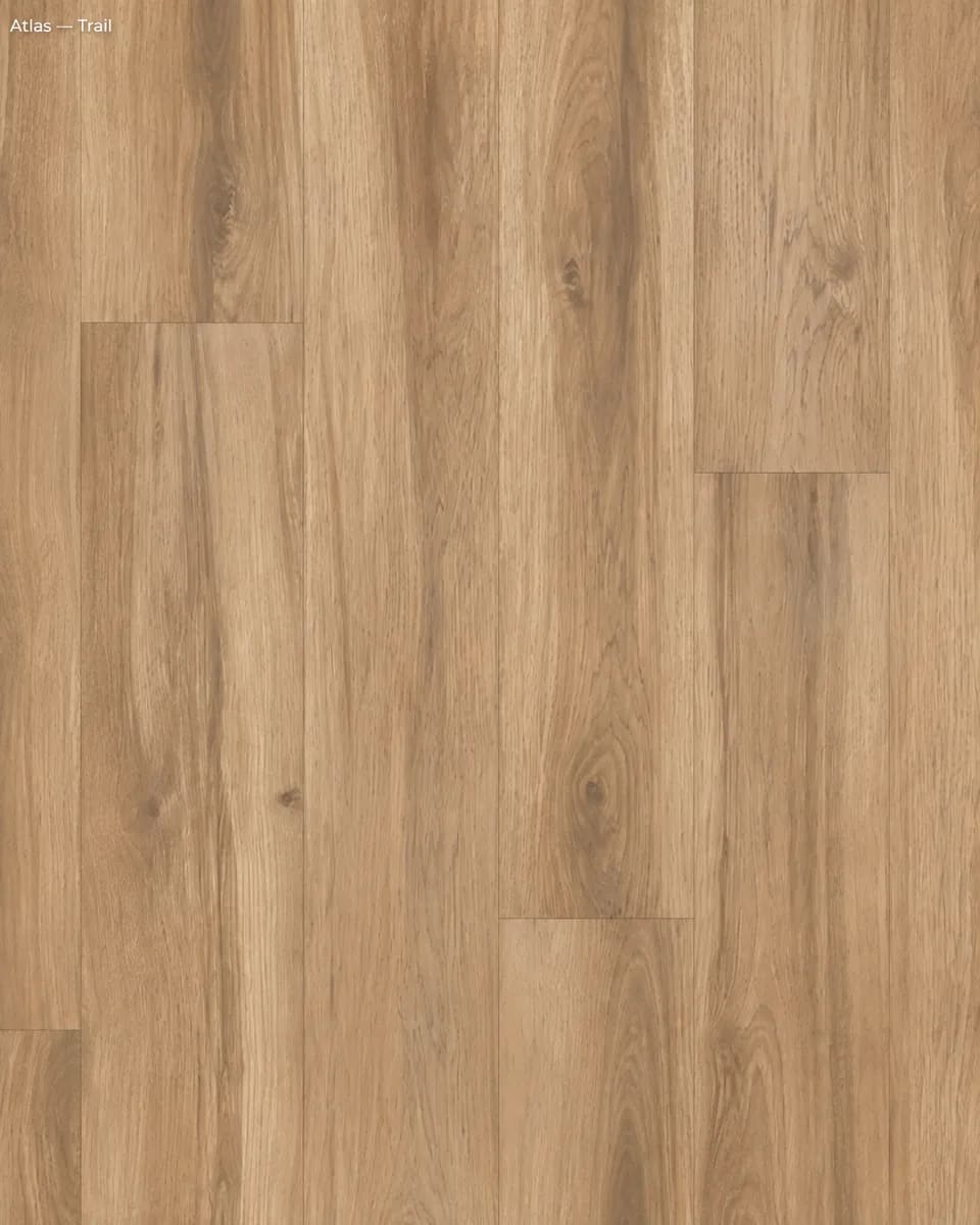 Close-up of Atlas in Trail, light honey-brown wood-look planks with knots