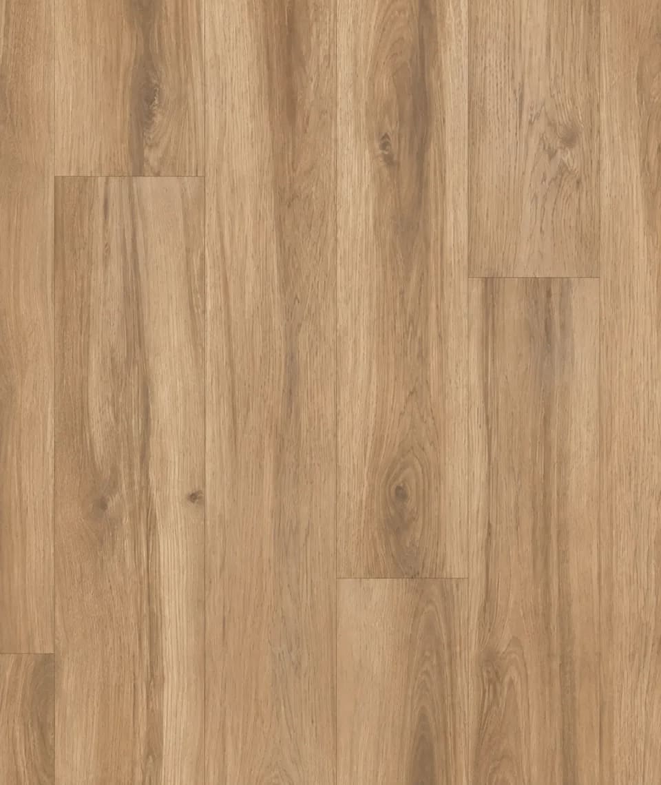 Close-up of honey-toned hickory-look laminate planks