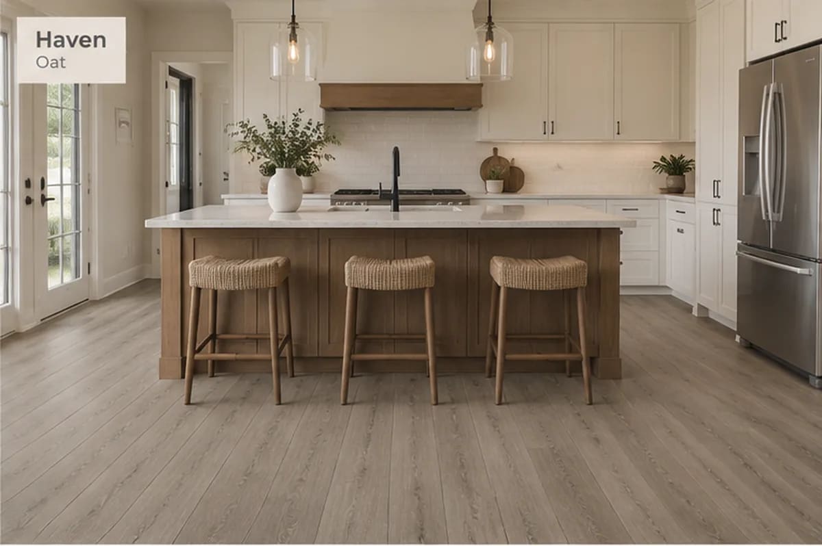 Kitchen with a wood island, rush stools and white cabinets on grey Haven Oat laminate