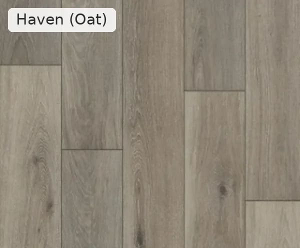 Close-up of Haven in Oat, grey oak-look planks with knots