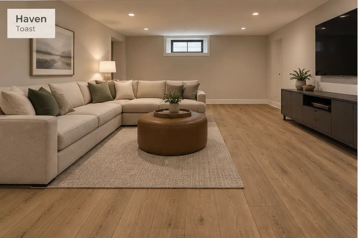 Finished basement with a sectional sofa and a round leather ottoman on Haven Toast laminate