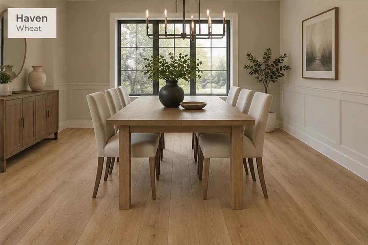 Dining room with a long wood table and upholstered chairs on light Haven Wheat laminate