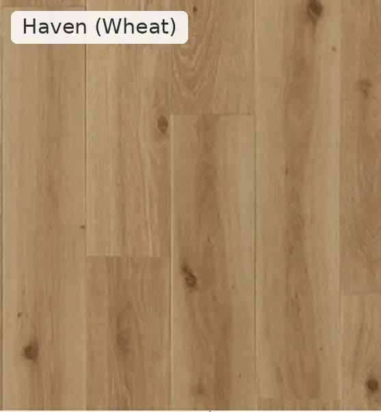 Close-up of Haven in Wheat, light natural oak-look planks with knots