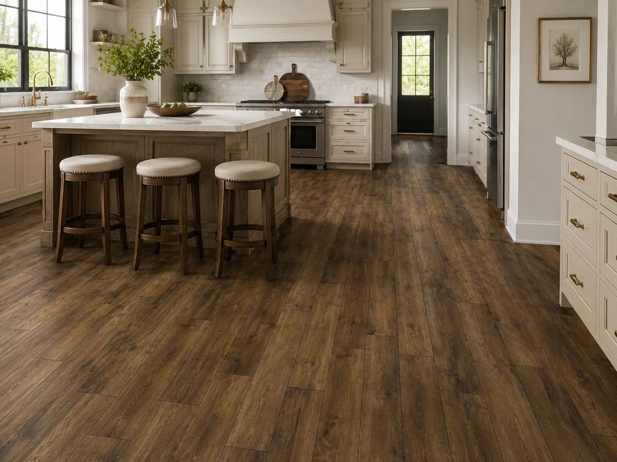 Kitchen with white cabinets and an island with three stools on rustic Hillside Hickory Acorn laminate