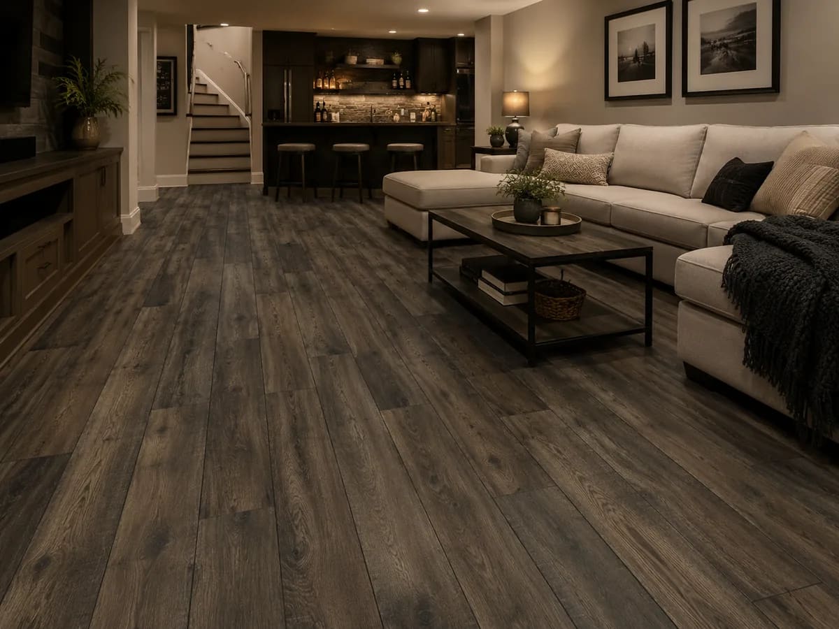 Finished basement with a sectional sofa and a bar on dark Hillside Hickory Coal laminate
