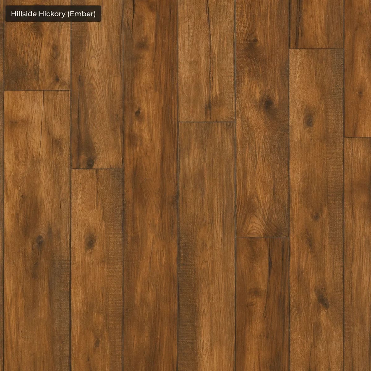 Close-up of Hillside Hickory in Ember, amber hickory-look planks with knots