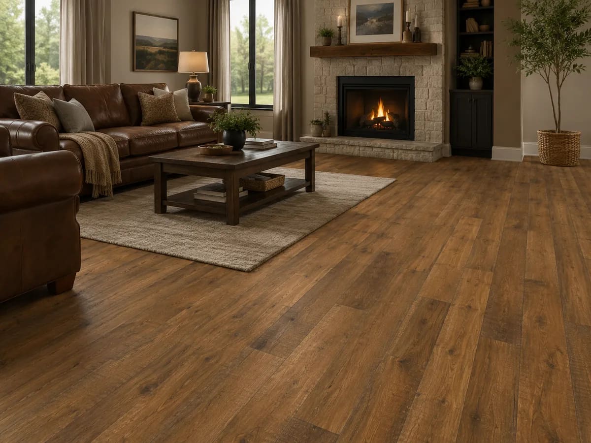Living room with a leather sofa and a stone fireplace on amber Hillside Hickory Ember laminate