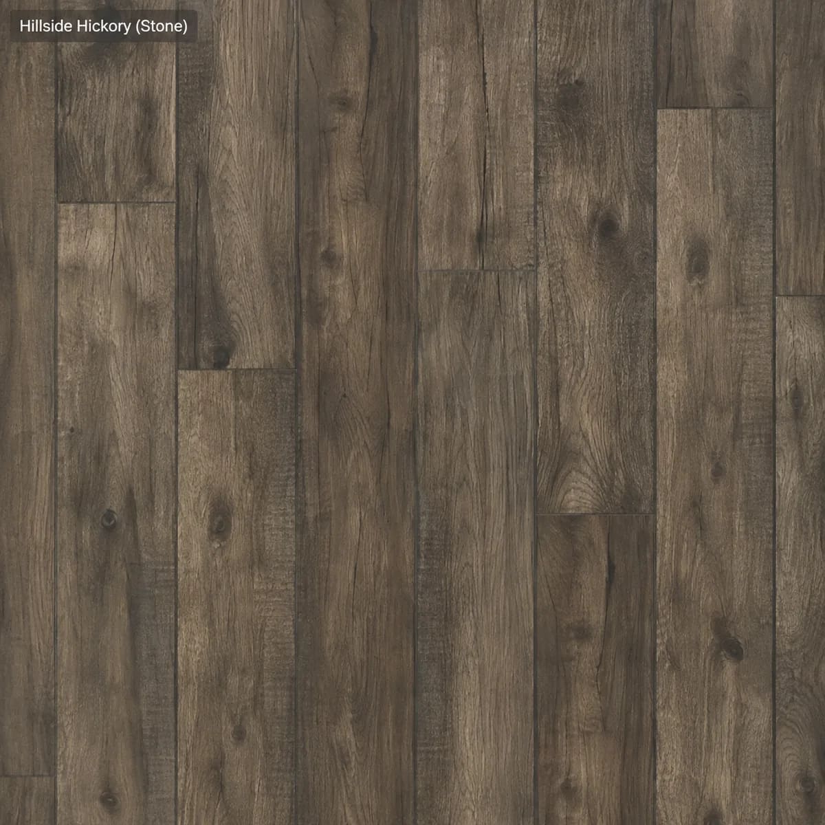 Close-up of Hillside Hickory in Stone, grey-brown hickory-look planks