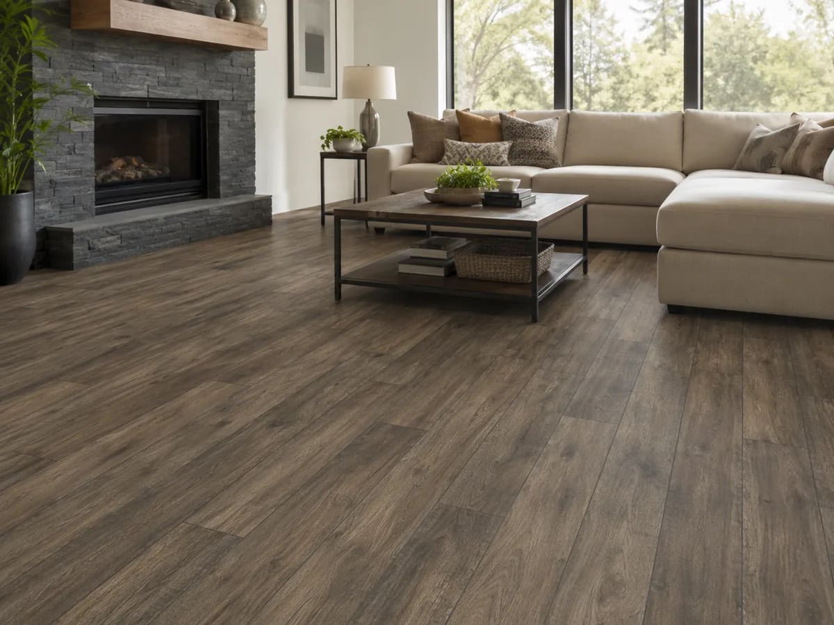 Living room with a sectional sofa and a slate fireplace on grey-brown Hillside Hickory Stone laminate