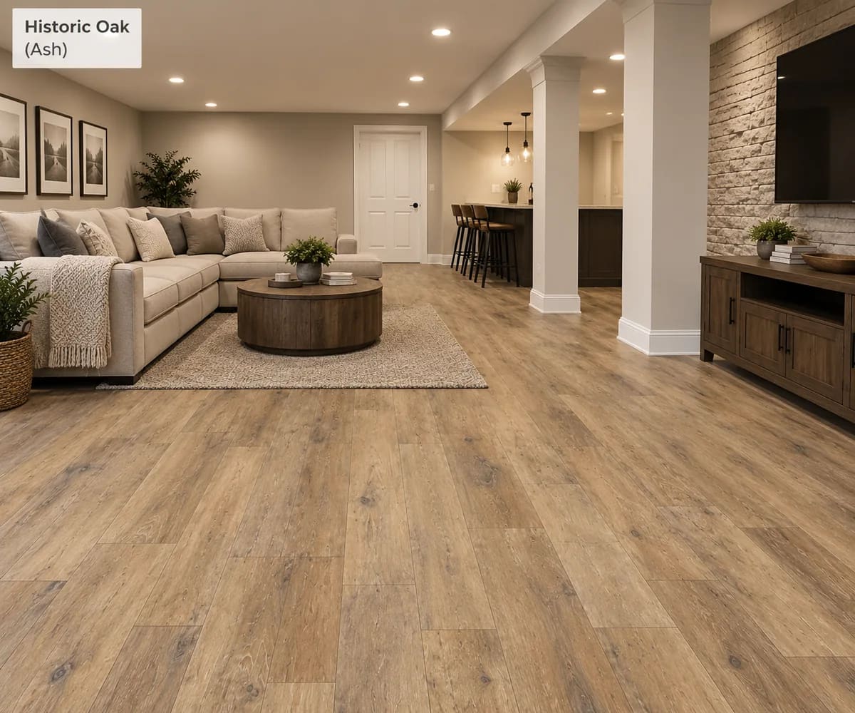 Finished basement with a sectional sofa, white columns and a TV wall on golden-brown Historic Oak Ash laminate