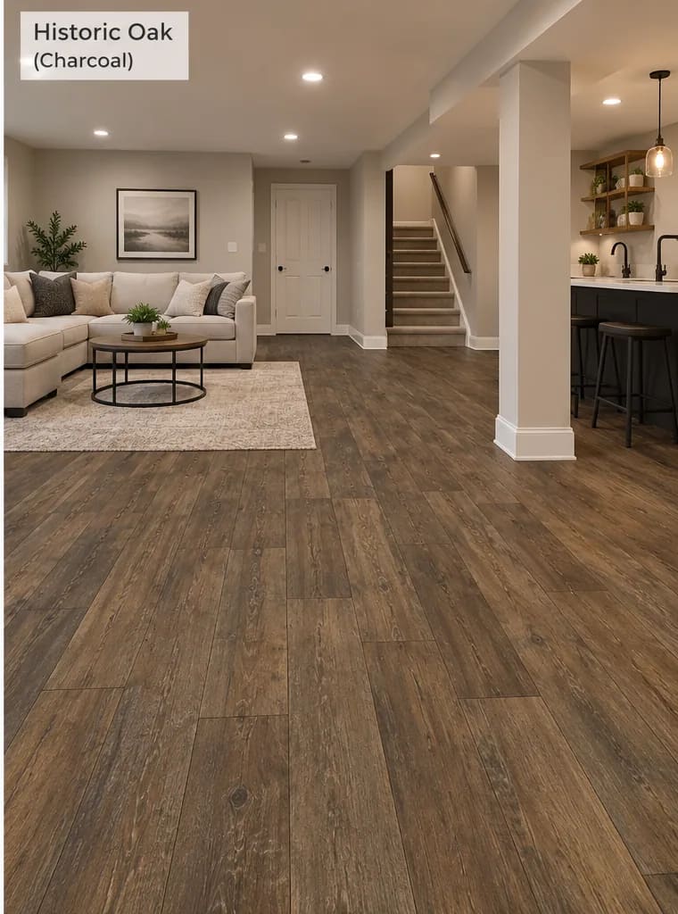 Finished basement with a sectional sofa, a staircase and a bar on dark brown Historic Oak Charcoal laminate