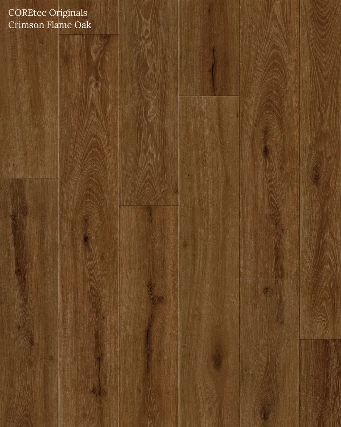 Close-up of CR504 in Crimson Flame Oak, rich brown oak-look planks with knots