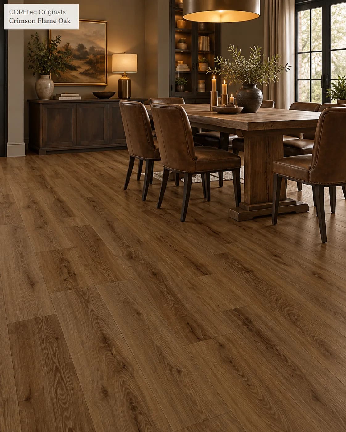 Dining room with a long wood table and leather chairs on Crimson Flame Oak planks