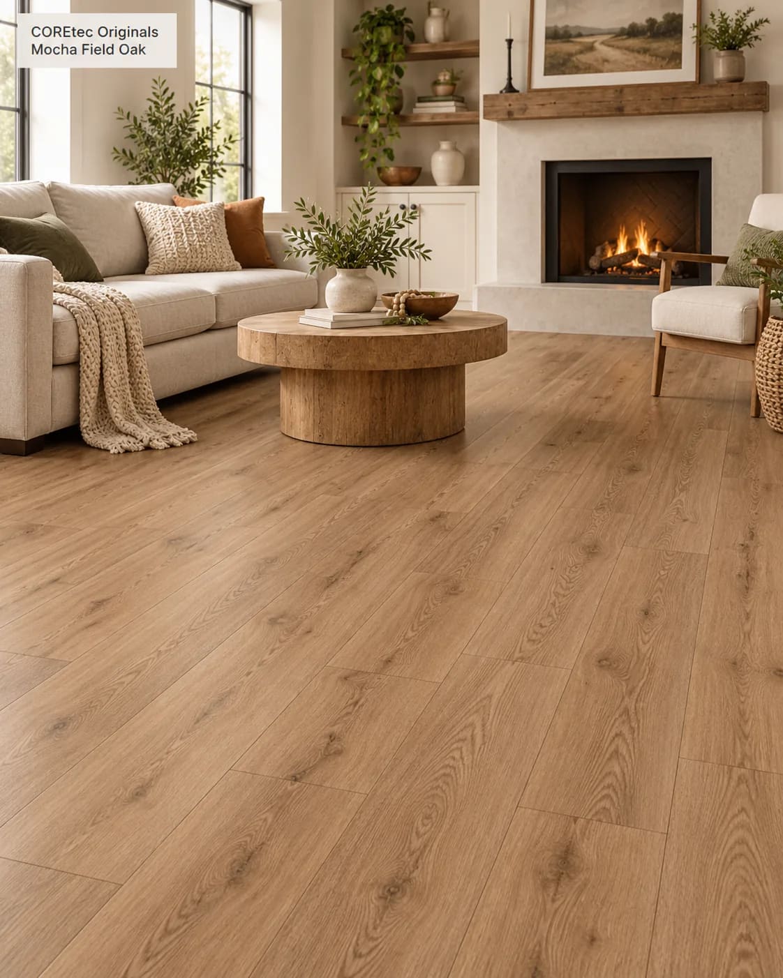 Living room with a cream sofa, a round wood coffee table and a fireplace on Mocha Field Oak planks