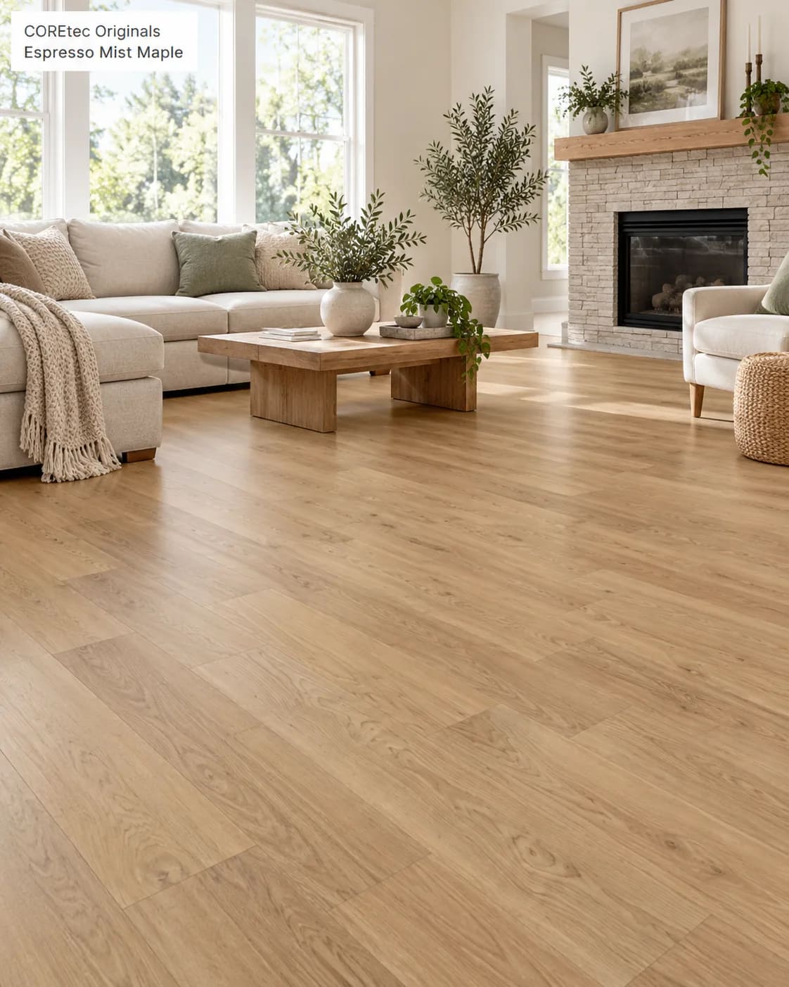 Bright living room with a white sofa, a stone fireplace and a wood coffee table on Espresso Mist Maple planks