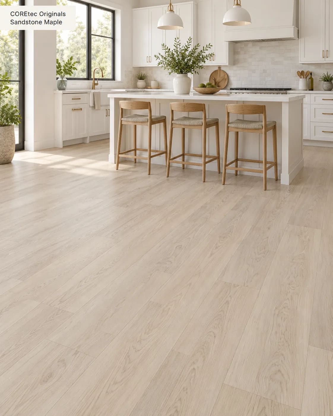 White kitchen with an island and three stools on pale Sandstone Maple planks