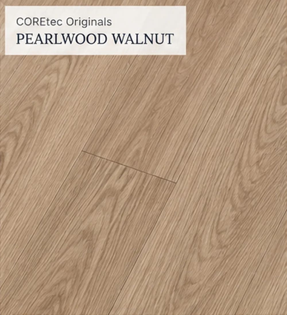 Close-up of Lakehouse Luxe in Pearlwood Walnut, light warm wood-look planks
