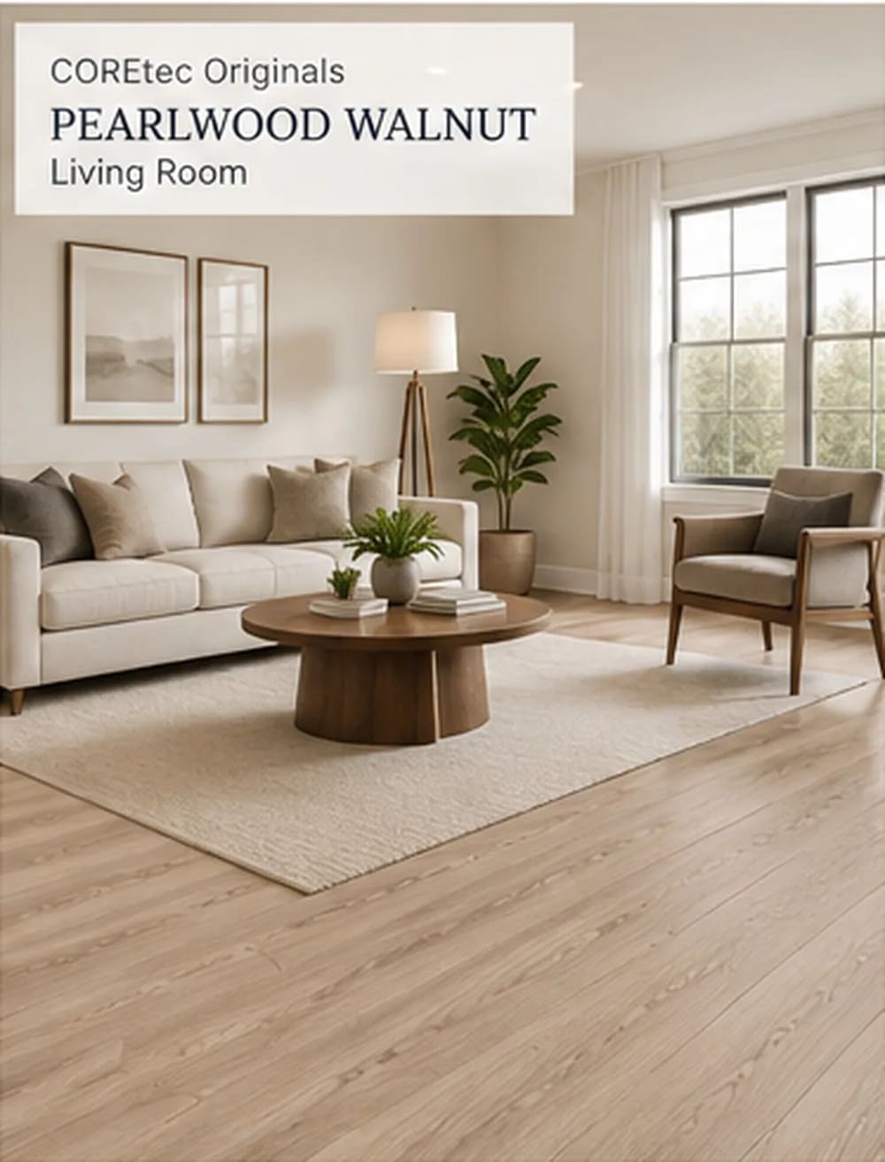 Living room with a cream sofa, a round wood table and an armchair on Pearlwood Walnut planks