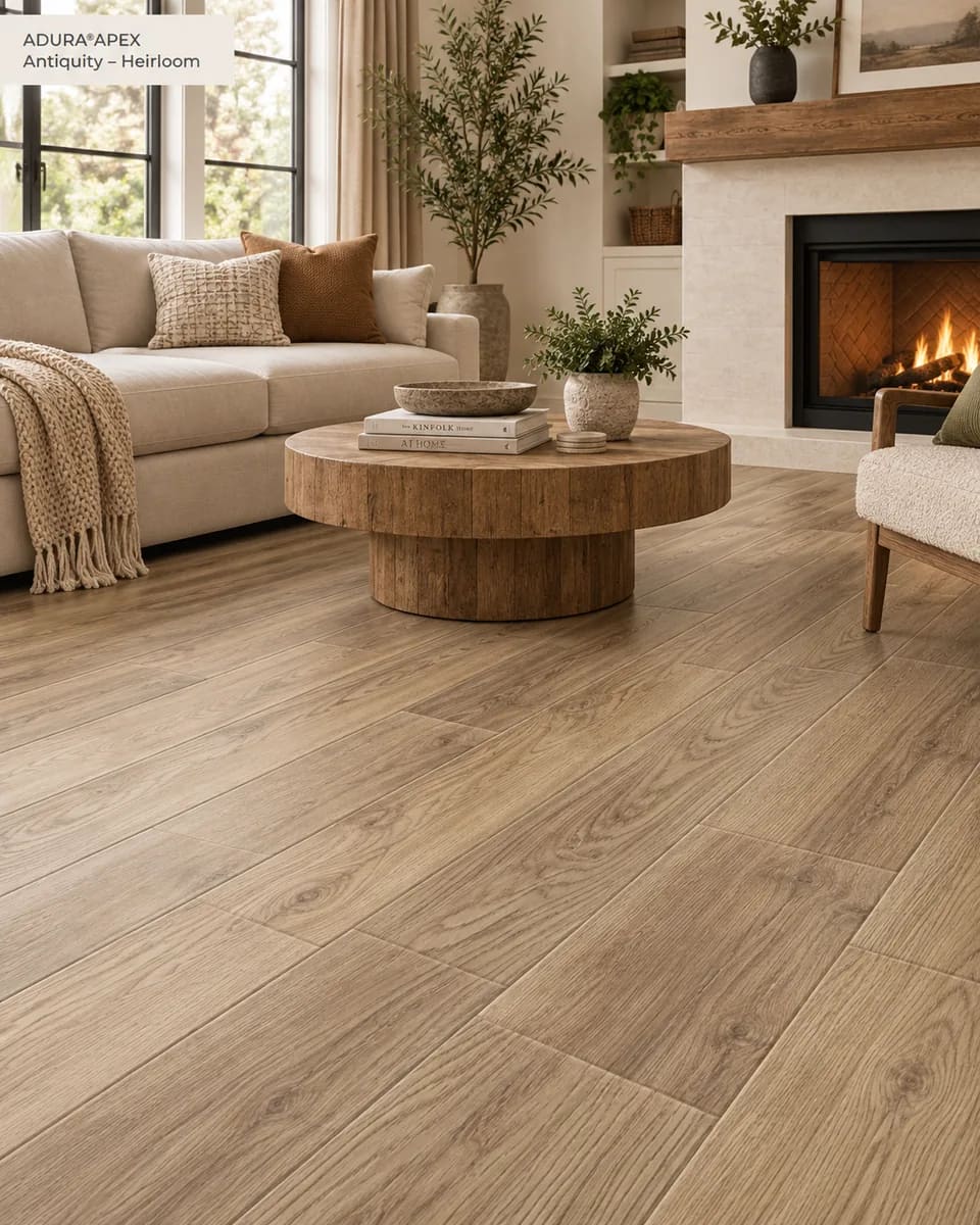 Living room with a cream sofa, a round wood coffee table and a lit fireplace on Antiquity Heirloom planks