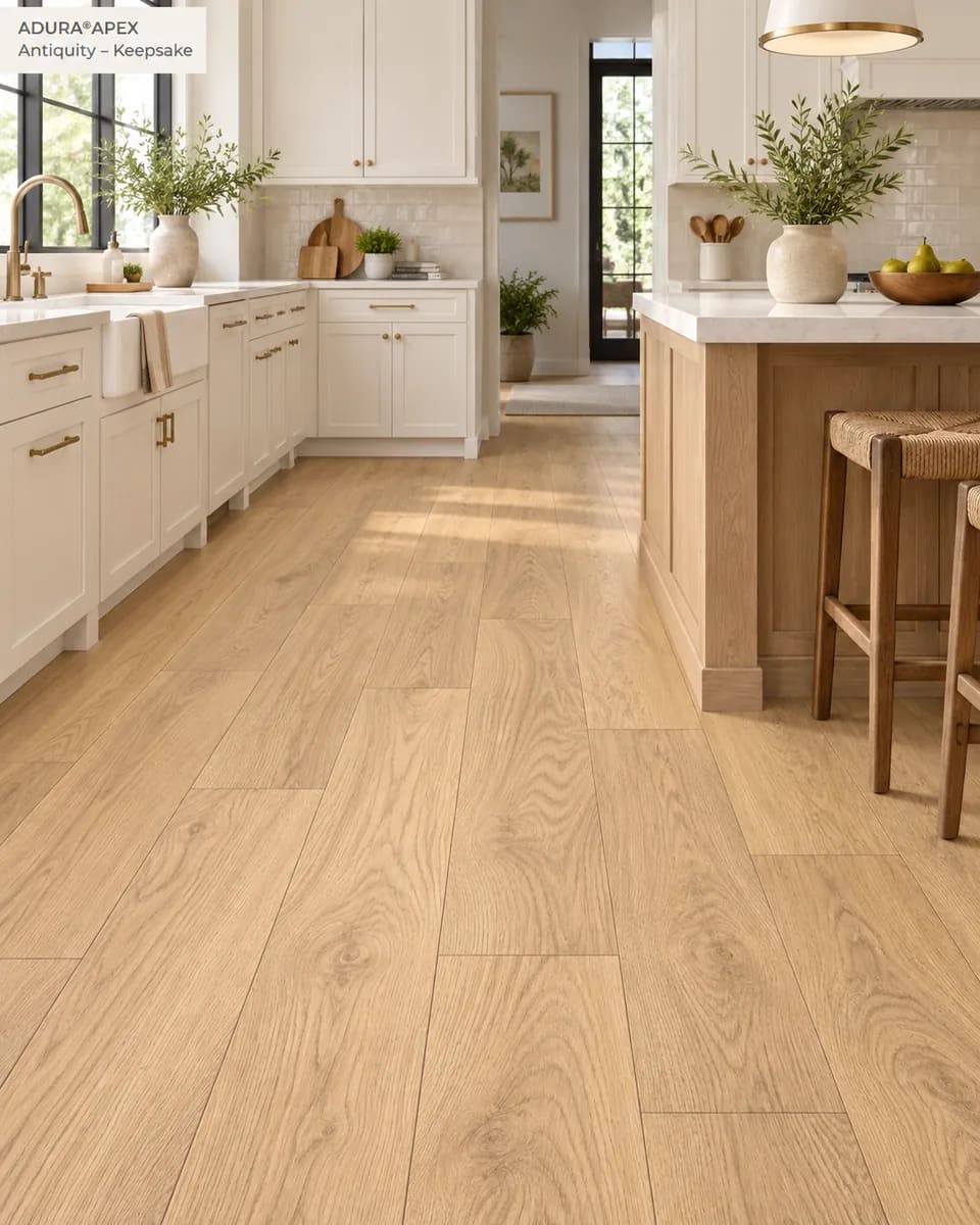 White kitchen with a wood island and woven stools on light oak-look Antiquity Keepsake planks