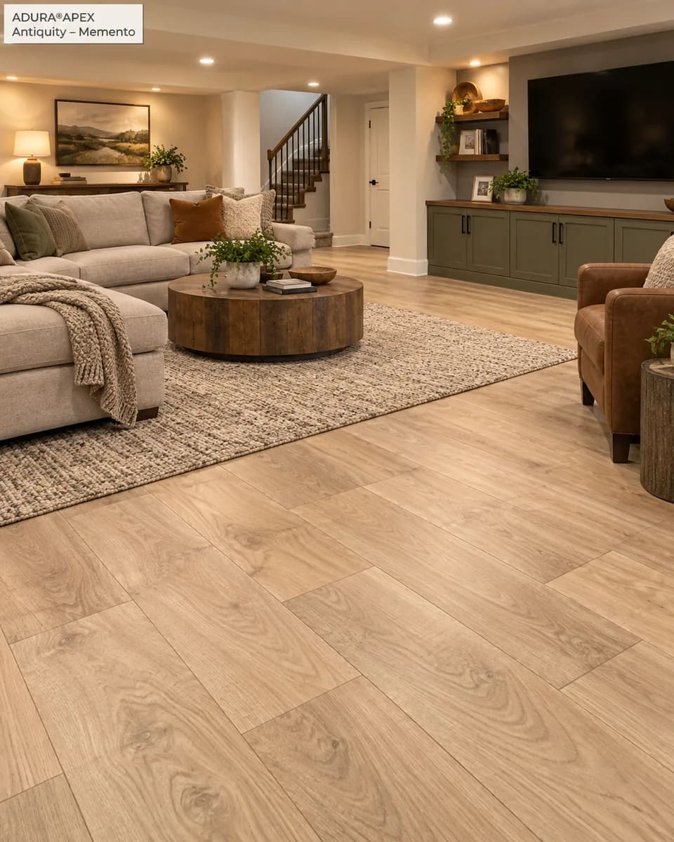 Finished basement with a sectional sofa, a round coffee table and a TV wall on Antiquity Memento planks