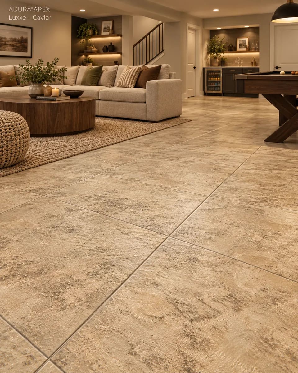 Finished basement with a sectional sofa and a pool table on tan stone-look Luxxe Caviar tiles