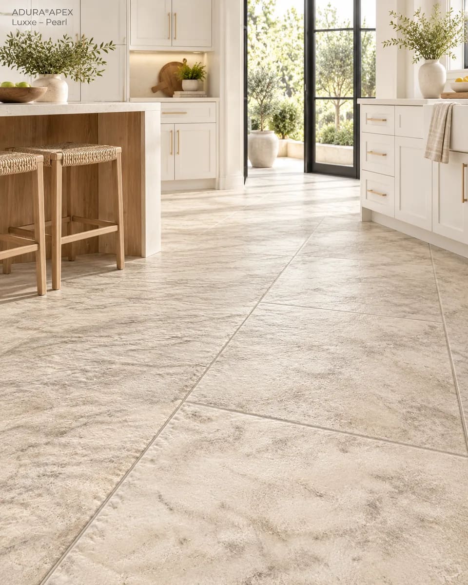 Kitchen with white cabinets and a wood island with woven stools on pale Luxxe Pearl tiles