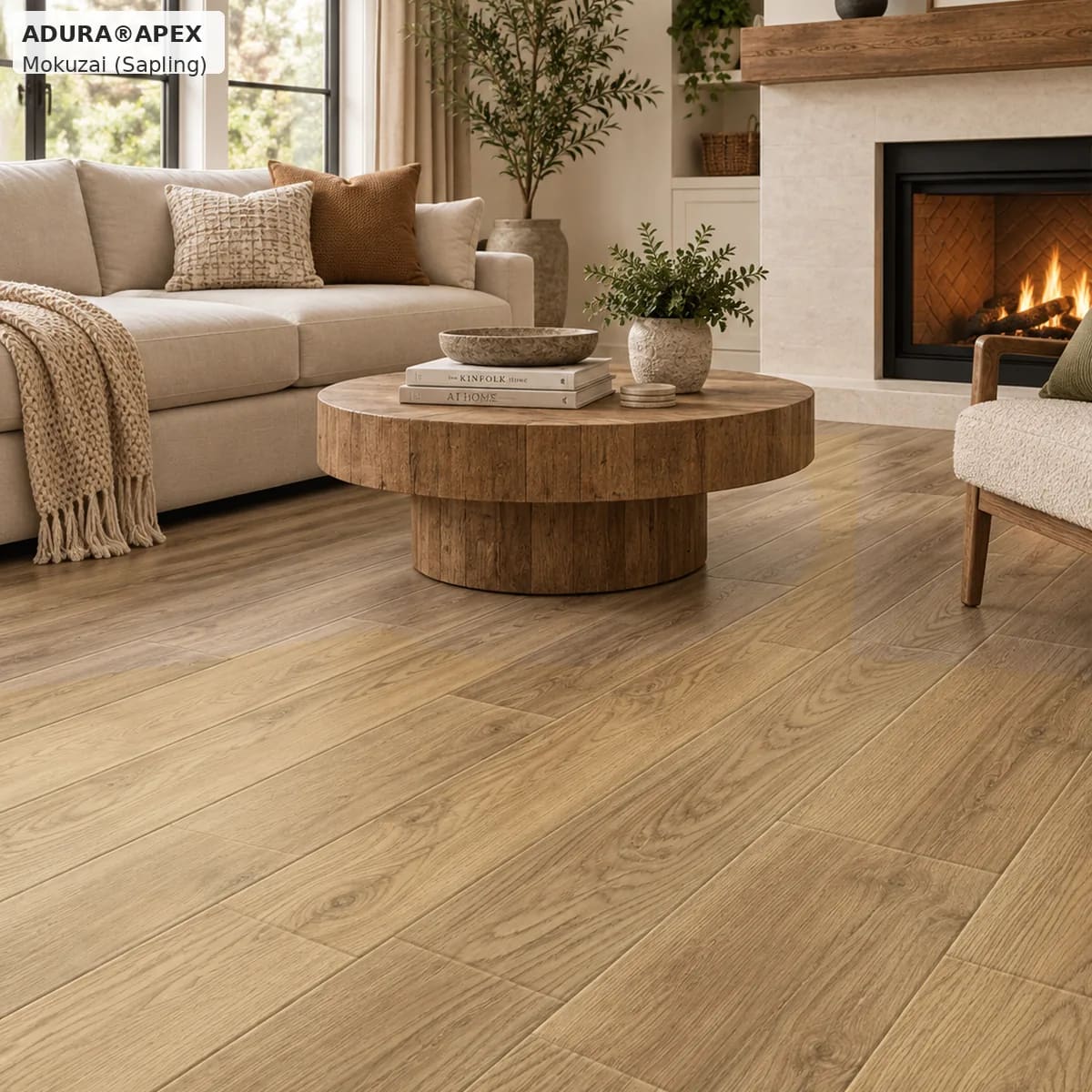 Living room with a cream sofa, a round wood coffee table and a fireplace on Mokuzai Sapling planks