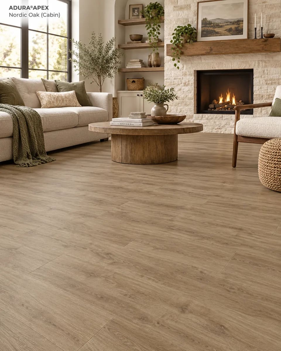Living room with a stone fireplace, a cream sofa and a round wood coffee table on Nordic Oak Cabin planks