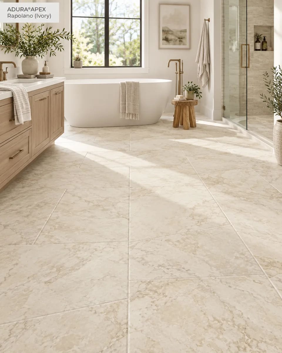 Bathroom with a freestanding tub and a wood vanity on large cream Rapolano Ivory tiles